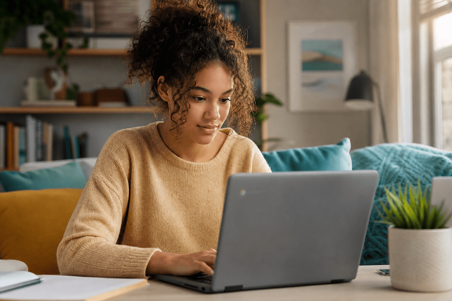 Teen learner practicing on a Chromebook